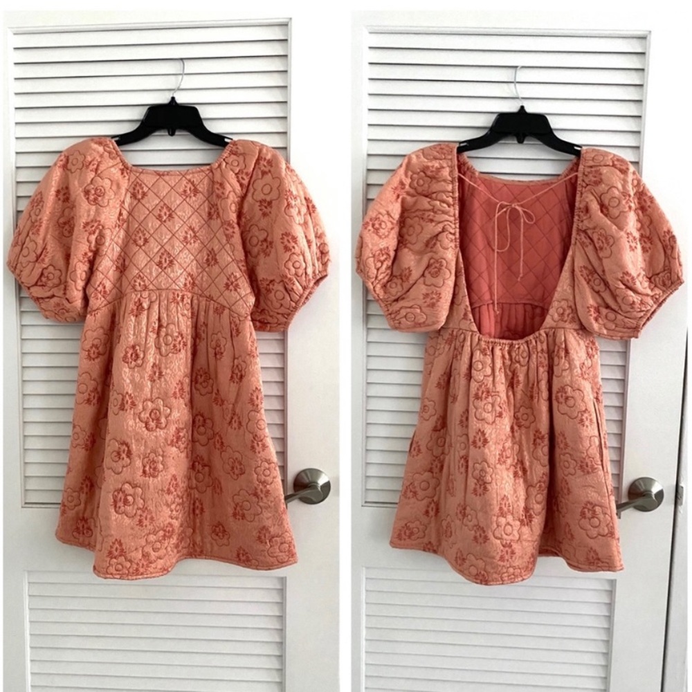 Urban Outfitters Pink/Gold Kimchi Blue Astrid Embroidered Babydoll Dress
